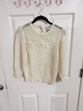 Vintage Naomi Bee Ivory Hand Embroidered Floral Crochet Sweater S Cottagecore